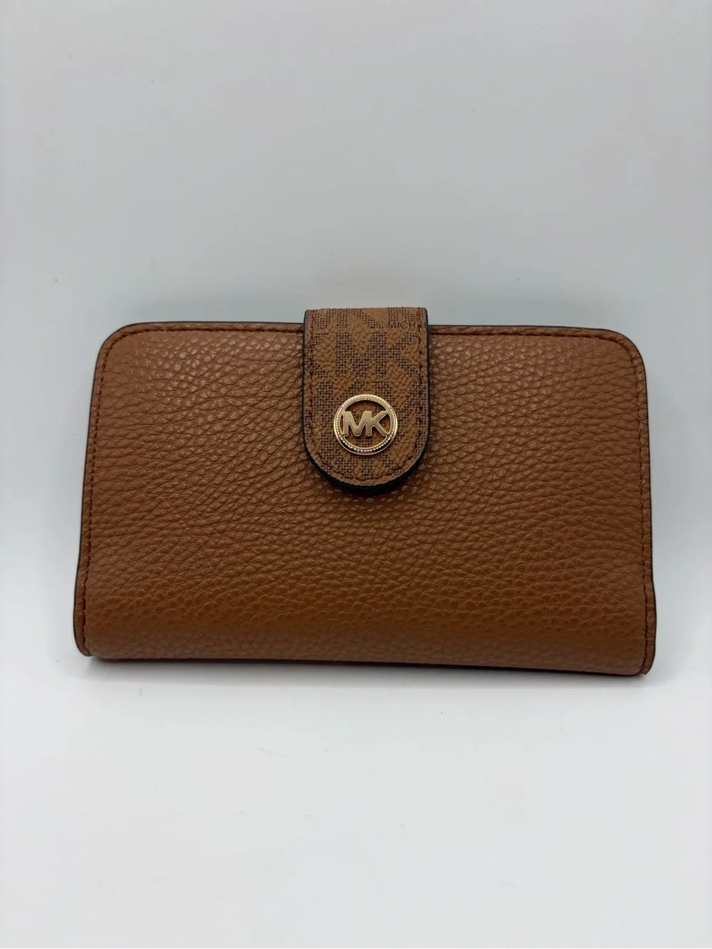 Michael Kors Cognac Pebbled Leather Continental Wallet with MK Logo Snap